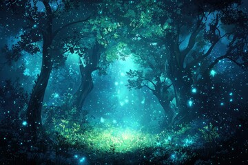Fototapeta premium Enchanting Nighttime Forest with Glowing Fireflies