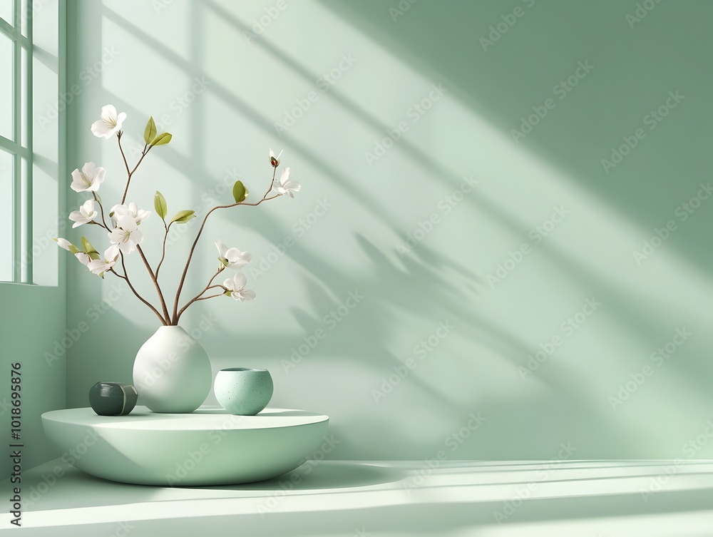 Poster minimalist 3d studio room with empty floor and wall featuring a product podium and a soft sage backg