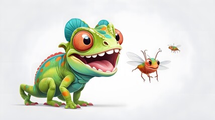 Naklejka premium Silly Cartoon Chameleon Sticking Out Its Tongue to Catch a Fly