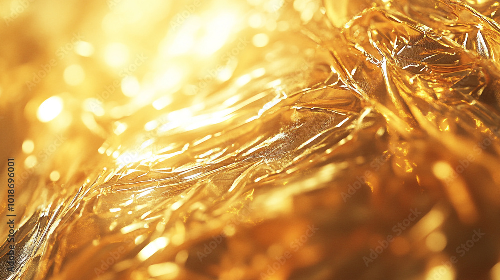 Poster golden foil texture reflecting light in a warm ambiance, creating a vibrant visual display