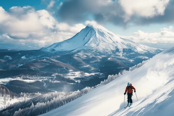 beautiful view of picturesque landscape and snow-covered mountain top and skiers on it. Ski touring concept 
