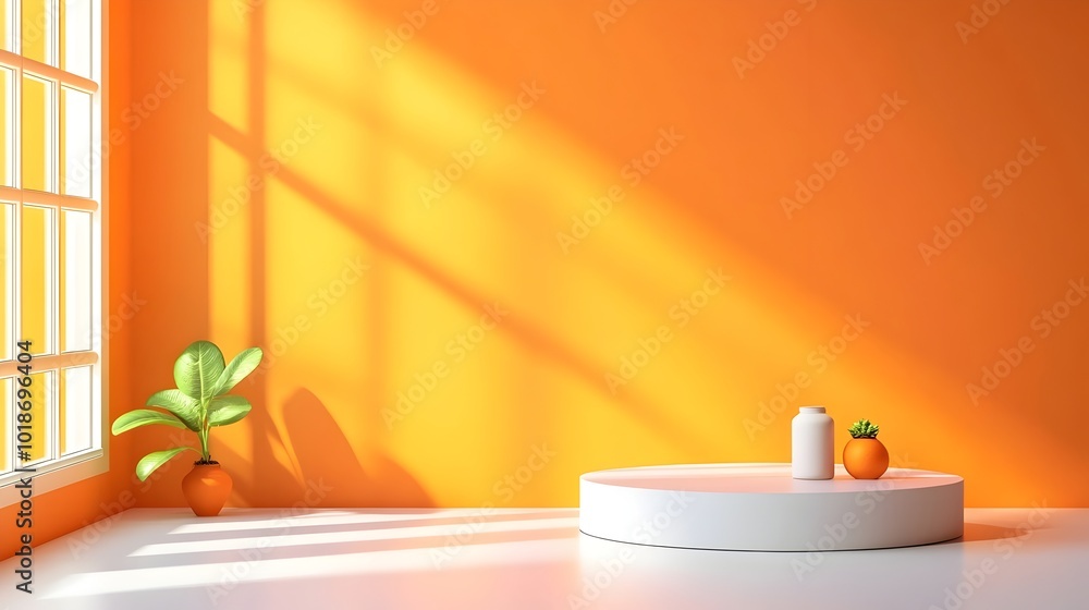 Poster vibrant tangerine colored studio room setting with empty product display podium and window shadow ov