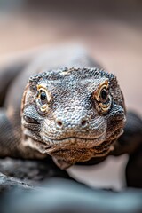 Fototapeta premium A tight shot of a lizard's head perched on a rock, background subtly blurred