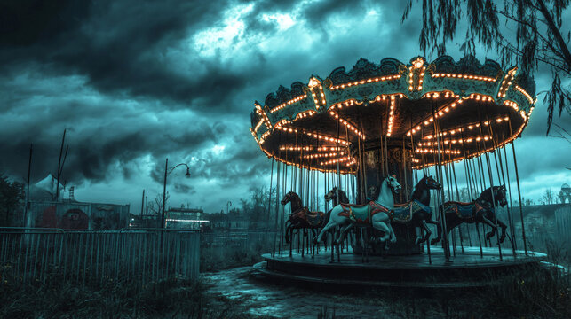 Halloween Haunted Carousel Horses: Ghostly, glowing horses on a creaky, old carousel, spinning in an abandoned fairground under a stormy Halloween sky, night, wheel, carnival, carousel, park, fun, fer