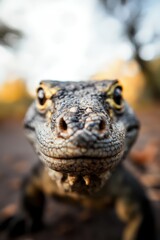 Fototapeta premium A tight shot of a small alligator's face against a softly blurred backdrop of trees and bushes