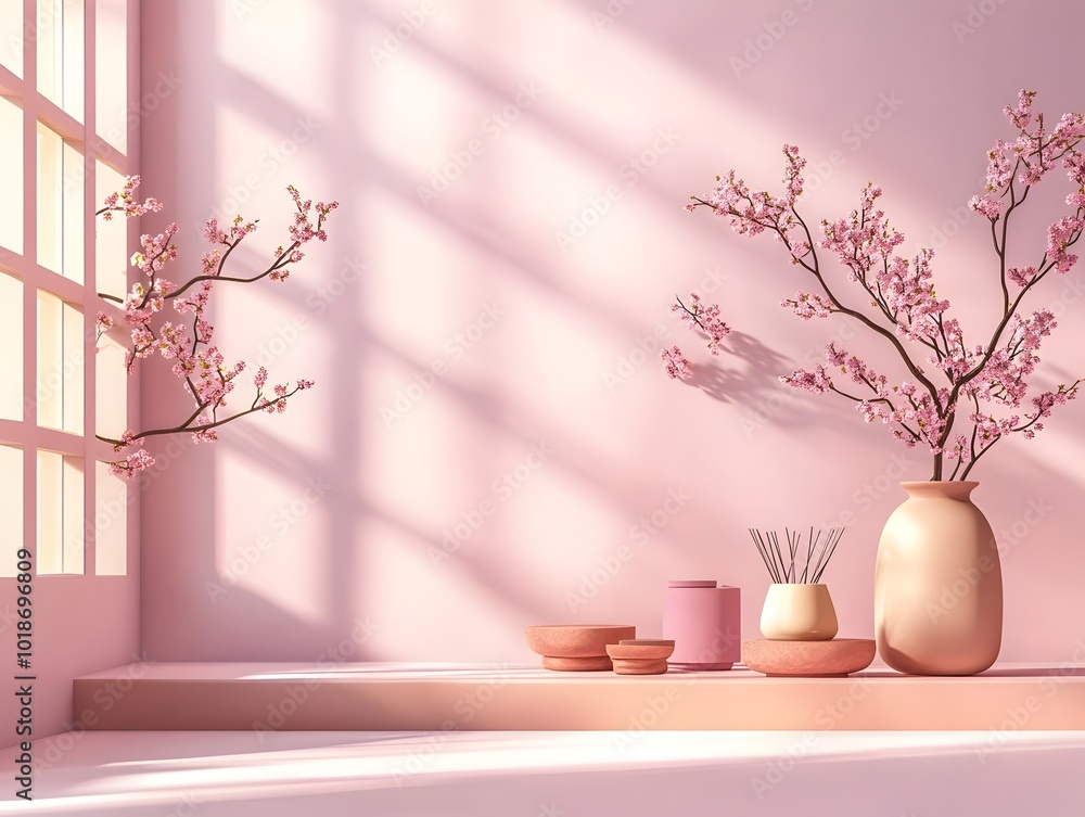 Poster serene 3d product showcase studio with clean linear architecture lilac hued backdrop and shadowplay 