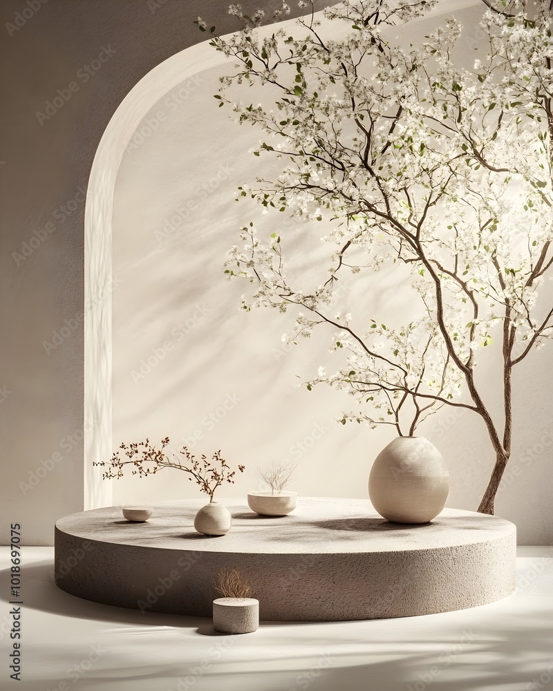 Poster serene and elegant 3d studio environment featuring a simple podium display with window lighting cast