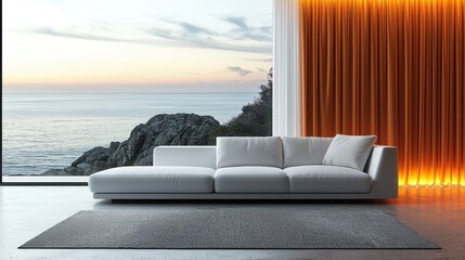 Modern white sectional sofa in a serene coastal living room with sunset views