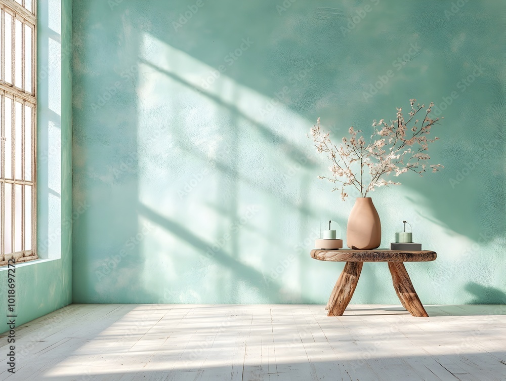 Poster serene 3d studio setting with cool aquamarine tones bare floors and walls a central product display 