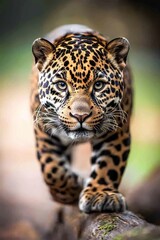 Obraz premium A tight shot of a cheetah perched on a log, scrutinizing the camera with an intense, focused gaze