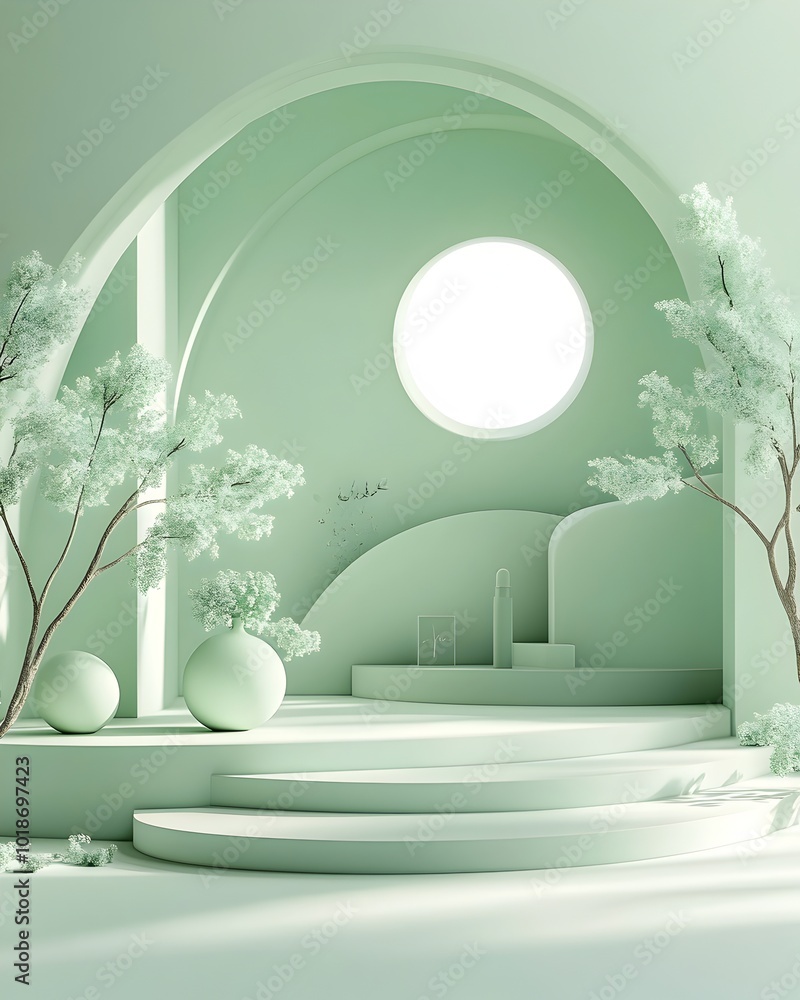 Poster Serene and Minimalist 3D Studio Setting with Soft Mint Green Walls Bare Floors and Surfaces and Directional Window Lighting   Perfect for Digital Art Mockups and Product Displays