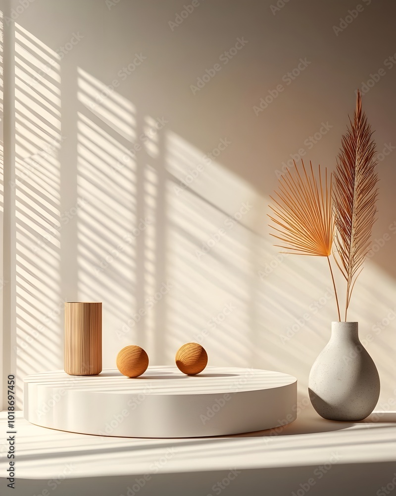 Poster serene 3d studio environment with a simple podium display and dramatic window lighting that casts a 