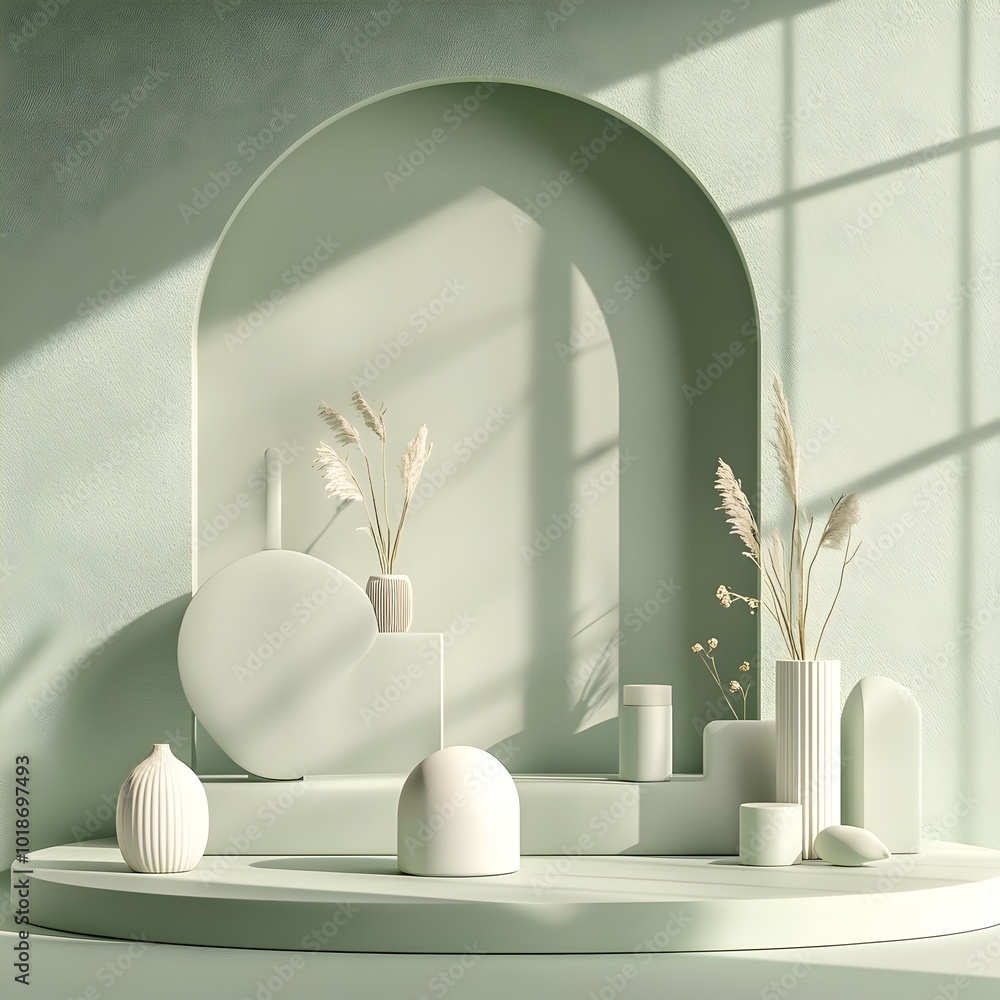Poster serene 3d studio setting with muted sage green backdrop uncluttered floor and wall central product p