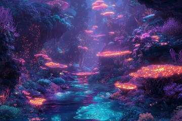 Obraz premium Ethereal Underwater Forest with Glowing Coral and Bioluminescent Algae