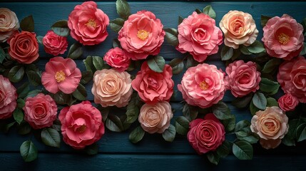 Obraz premium Colorful arrangement of fabric flowers on a wooden background with shades of pink and red