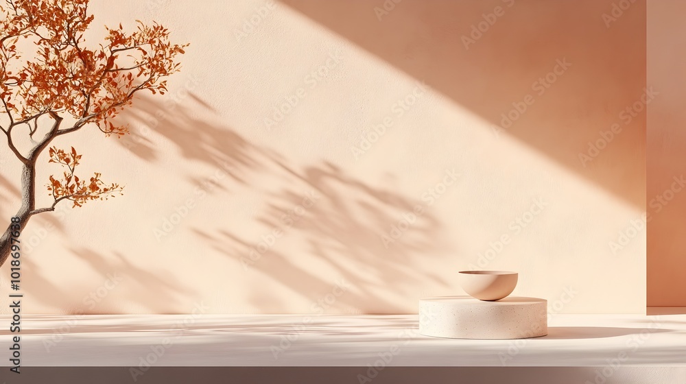 Poster serene and minimalist 3d studio space with a pale peach backdrop featuring an empty display pedestal
