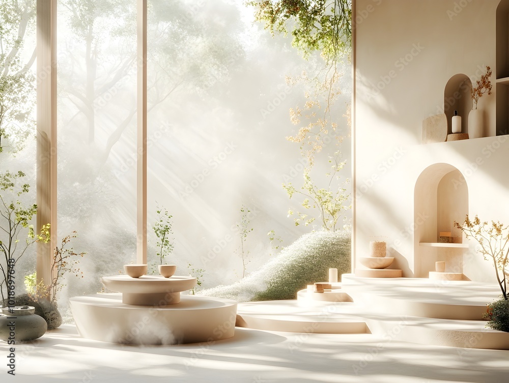 Poster tranquil 3d studio space with a lush forest landscape visible through the window featuring clean lin