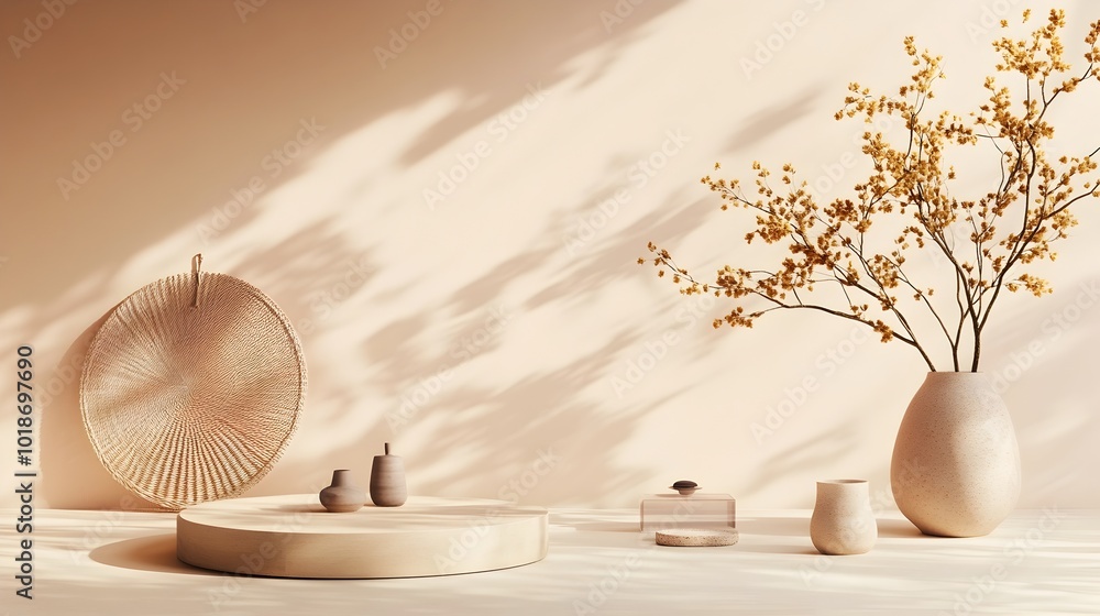 Poster serene and calming 3d studio space with a pale peach backdrop featuring a minimalist interior design