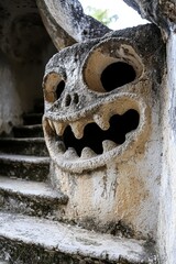  A frightening visage carved into stone, flanked by stairs, and a tree looming in the background