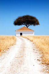  A dirt path heads to a white structure, crowned by a solitary tree, amidst a vast expanse of sun-scorched grass