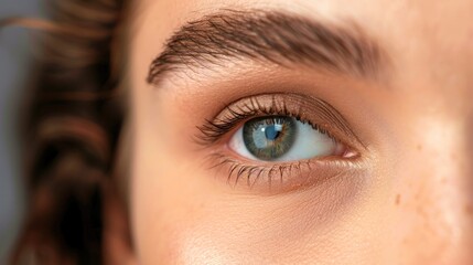 Obraz premium Close up of female eye with bright makeup and brush applying mascara on eyelashes