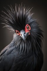  A tight shot of a black bird with fiery red eyes and an extended, feathered head, long and dark