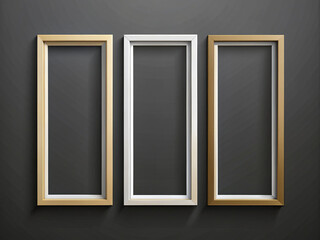 Elegant three thin rectangle window frames in gold and white colors against dark background create modern and stylish display. Perfect for showcasing art or photographs