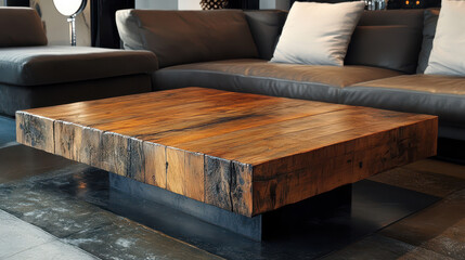 A reclaimed wood coffee table with visible aged grain and rustic charm, placed in a modern living room, blending industrial and natural styles