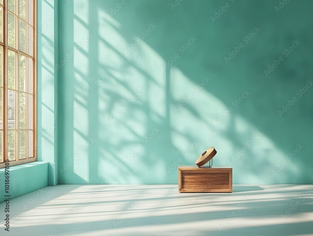 Aufkleber serene and tranquil 3d studio space featuring a teal green backdrop a bare floor and wall and a prod