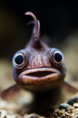  A tight shot of a tiny fish boasting large eyes and an elongated snout, set against a backdrop of rough gravel in the foreground and jagged rocks behind
