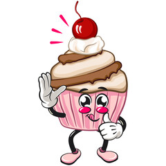 kawaii cartoon cupcake with cherry on top character mascot isolated vector illustration wave your hand and give a thumbs up sign, work of hand drawn