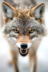 Fototapeta premium A tight shot of a wolf's face, teeth bared and jaw widened as it opens its mouth