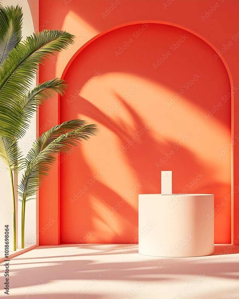 Poster Serene 3D studio environment with lush coral background bare interior with clean lines and solitary product display plinth soft shadows from window lighting flowing over surfaces