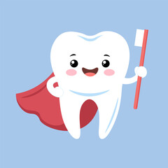 Cute and strong tooth in superhero cape holding toothbrush and toothpaste, dental care concept for kids, children boys and girls, brush clean teeth flat vector isolated illustration