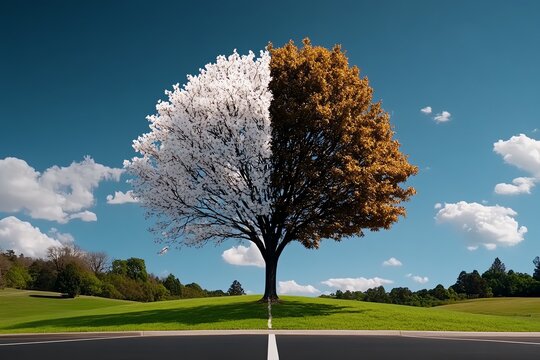 Minimalist depiction of a single tree, with one side in full bloom and the other bare, representing the contrast between yesterday and today