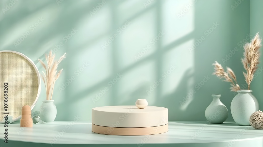 Poster serene and calming product showcase studio with sage green backdrop minimal empty room and soft ligh