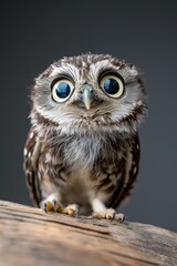 A tiny owl with large, melancholic blue eyes gazes at the camera from atop a wooden perch