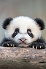 Fototapeta premium A tight shot of a small panda on a tree limb, paws atop a log above