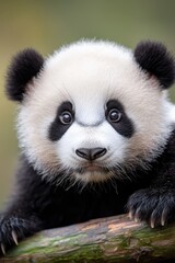Fototapeta premium A mournful panda, black-and-white attired, sits atop a tree branch, gazing into the camera