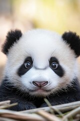  A sad-faced panda in black and white sits atop a mound of dry grass, gazing at the camera