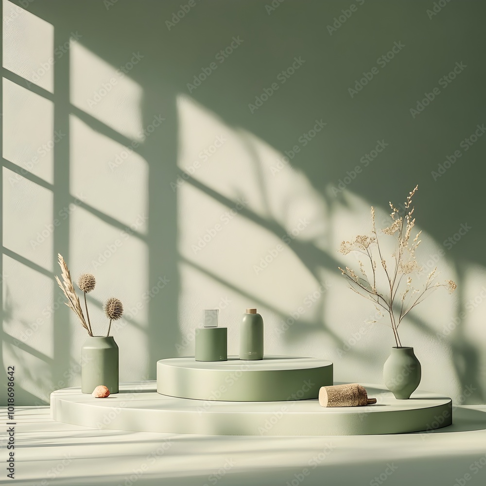 Poster serene 3d studio environment featuring a muted olive backdrop bare product display platform and a sh