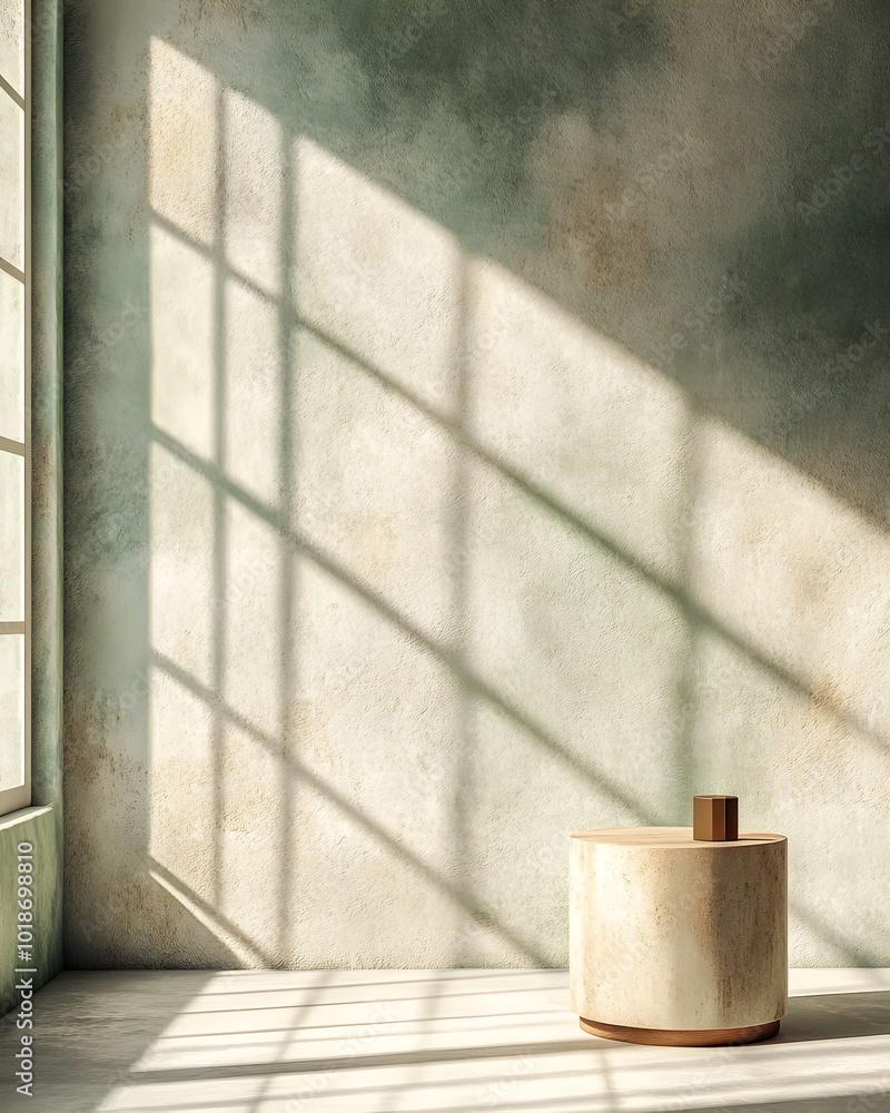 Poster serene and minimalist 3d studio environment with a simple podium display window lighting casts drama