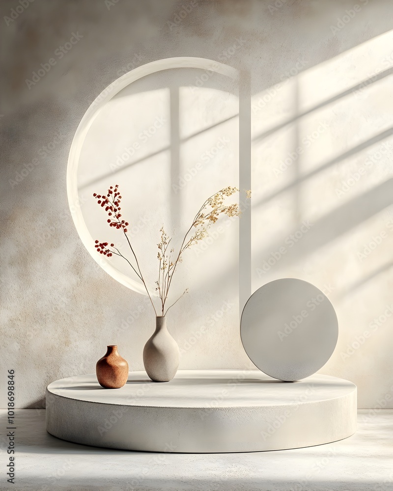 Aufkleber serene 3d studio environment with simple podium display window lighting casts dramatic shadow on the