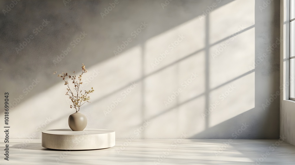 Poster serene 3d studio room with a pewter background an empty floor and wall a product podium a shadow ove