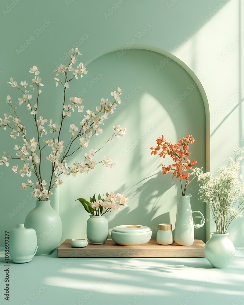 Poster serene and minimalist 3d studio setting with soft mint green walls bare floors and surfaces and a ce