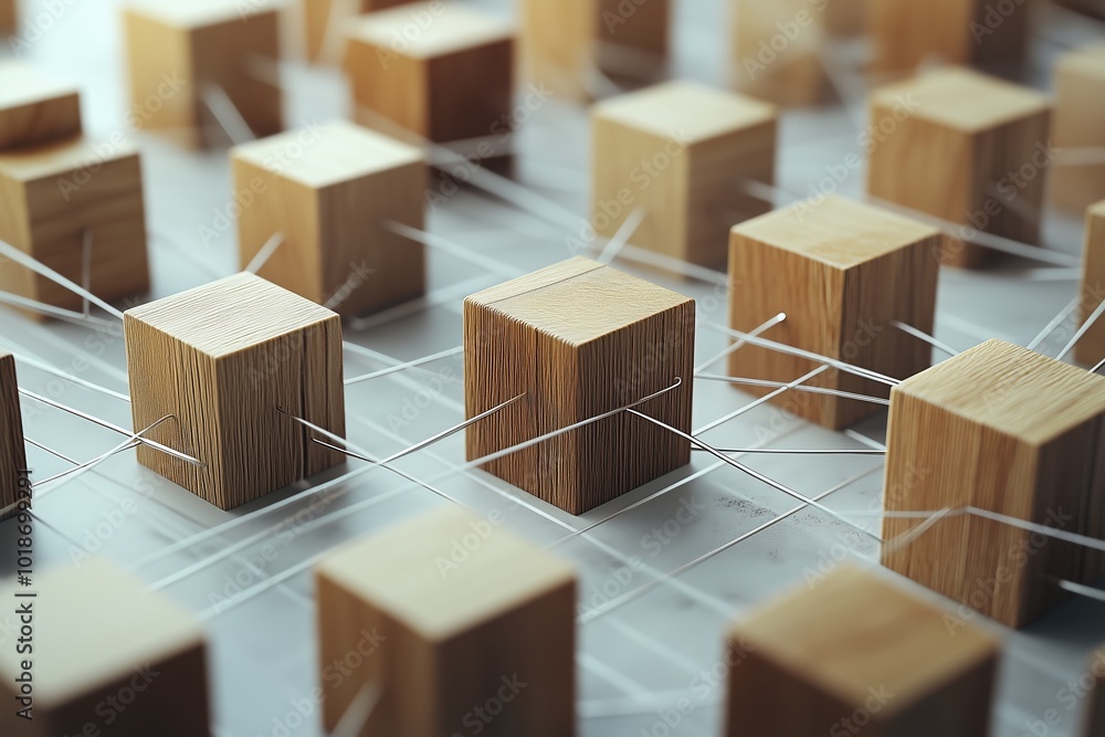 Poster connecting wooden blocks with strings to illustrate network or relationship concepts
