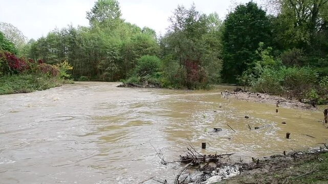 River in flood with flooding in Isere in France in autumn.