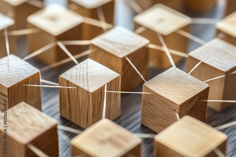 Poster connecting wooden blocks with strings to illustrate network or relationship concepts