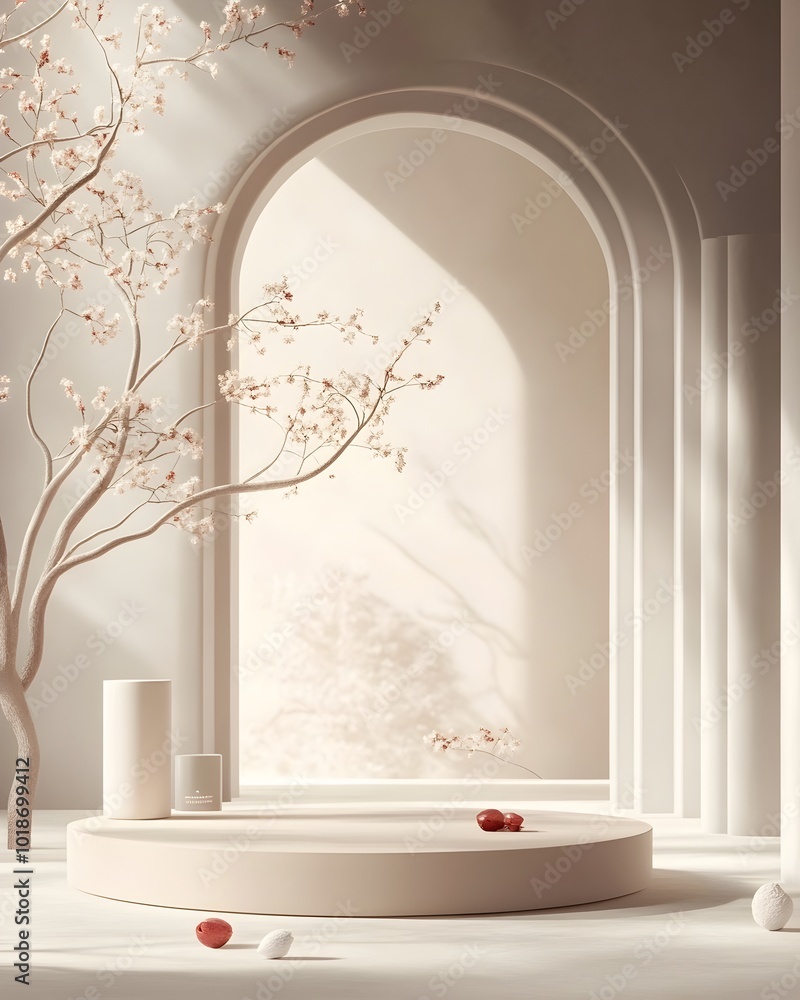 Poster serene and elegant 3d studio setting with plum tones clean open space focal product podium and natur