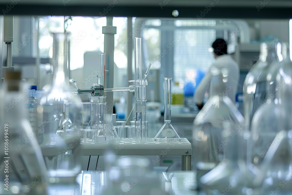 Poster a lab with a person in a white lab coat working with various glassware